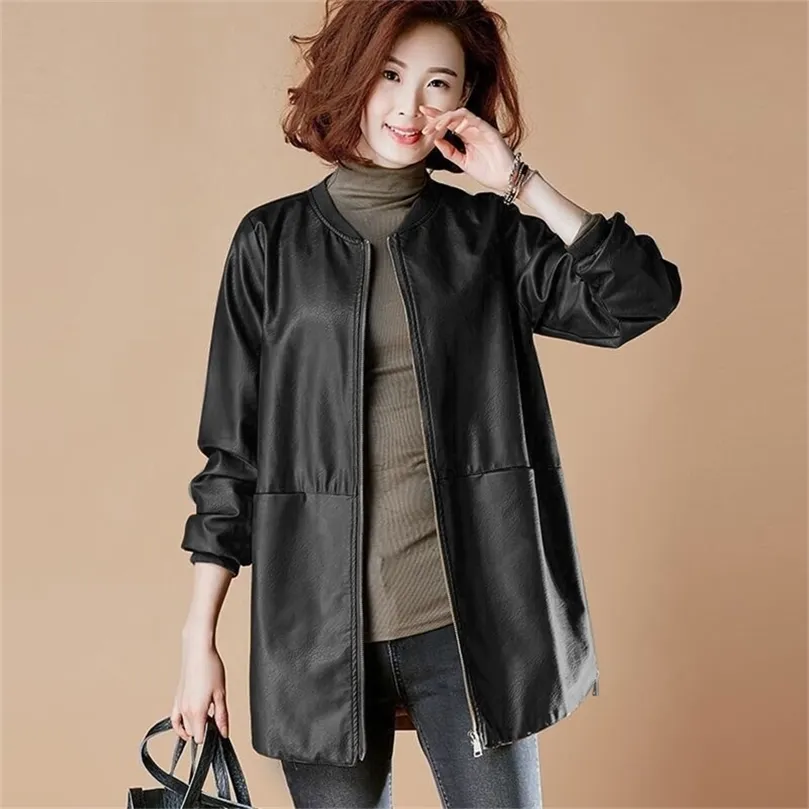 Automne Hiver Veste en cuir pour femme Casual O Cou Basic Plus Taille Femelle Faux Manteau Noir Lâche PU Cuir Baseball Outwear 210908