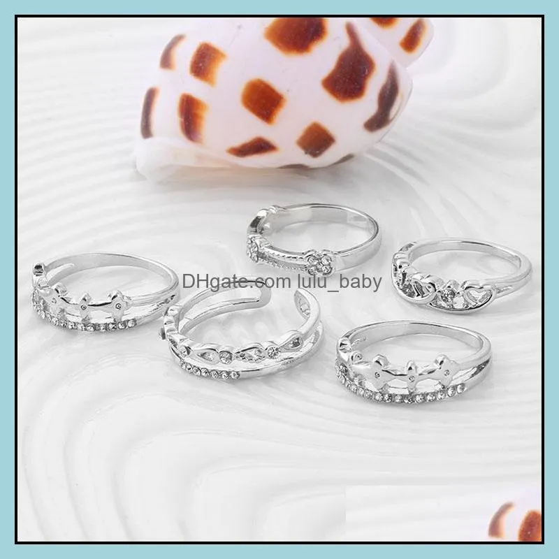 ring set silver band rings hot sale cz diamond crown finger rings for woman girl 5pcs/set silver jewelry wholesale free shipping