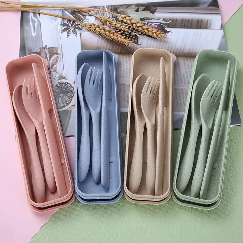 Wheat Straw Knife Fork Spoon Set Student Portable Tableware Box Cake Dessert Spoons Fruit Forks Travel Tableware BH6160 TYJ