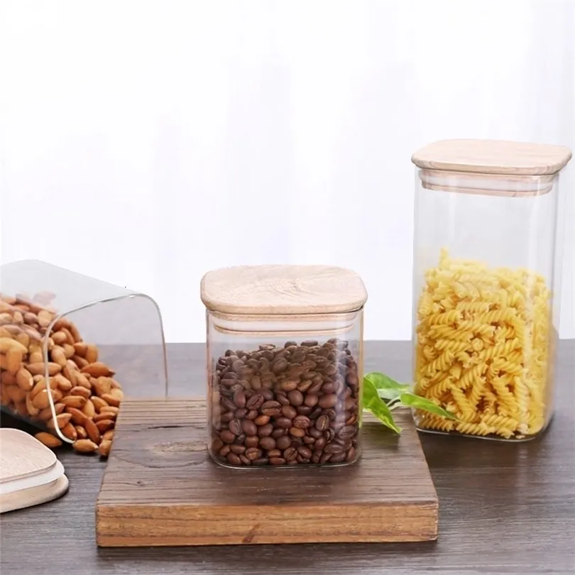 Square Sealed Glass Jars High Borosilicate Kitchen Storage Tank Coffee Bean Storage Can Glass Mason Jar With Lid Food Container T200506