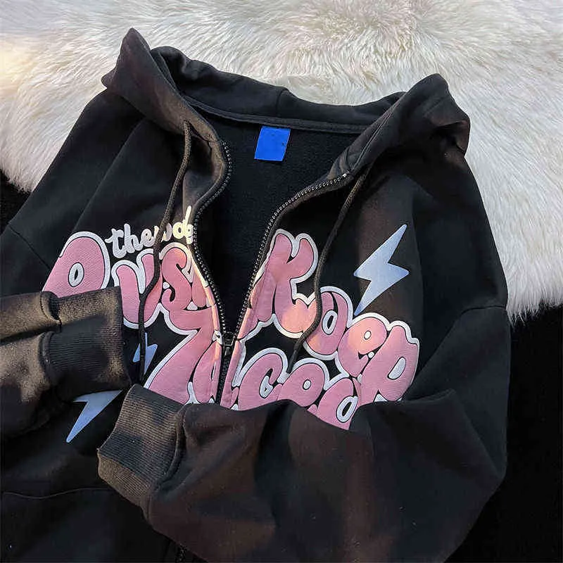 Designer feminino moletom com capuz zip up qualidade superior retro oversized hoodie carta impressão sweatshirts vintage grunge harajuku punk kawaii