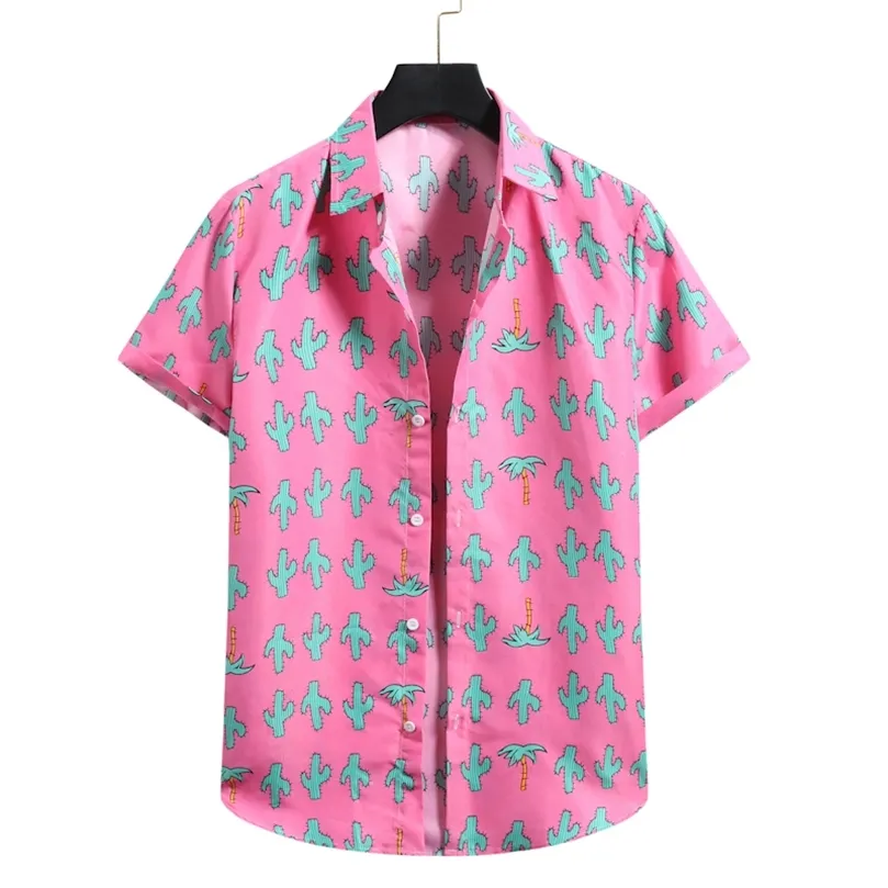 Pink Floral Hawaiian Chemise Homme Summer Short Sleeve Beach Aloha S Men Disual Button Up Shirt Male XXL 220707