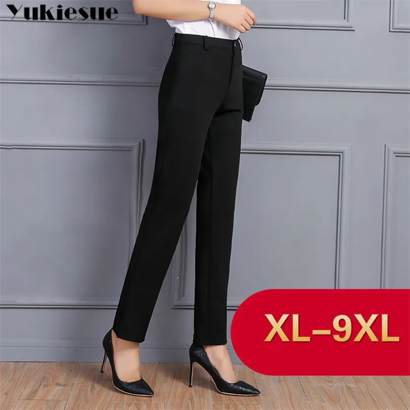 Striaght byxor för kvinnor med hög midja i kontorsbeklädnader Skinny formella svarta kostymbyxor kvinnliga byxor plus storlek 8xl 9xl 210412