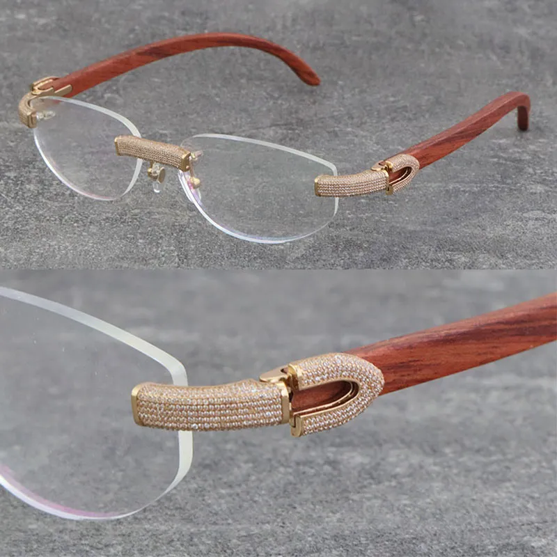 New Wholesale Designer Diamond set Rimless Mix Metal Frames Wood Eyewear High Quality Optical Men Women With C Decoration Rocks Wire 18K Gold Frame Unisex Eyeglasses