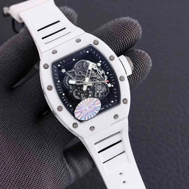 Uxury Watch Data 2022 Richa Milles Mens Automatyczne zegarek mechaniczny White Ceramic Hollow Technology Luminous Tape Waterproof Fashion