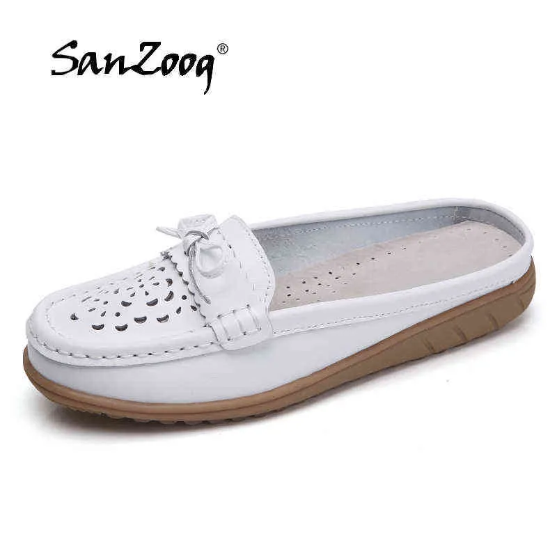 Zomer echte lederen vrouwen flats holle slip op lederen loafers damesschoenen Koreaanse stijl zachte mocassins half slippers maat 43 y220427