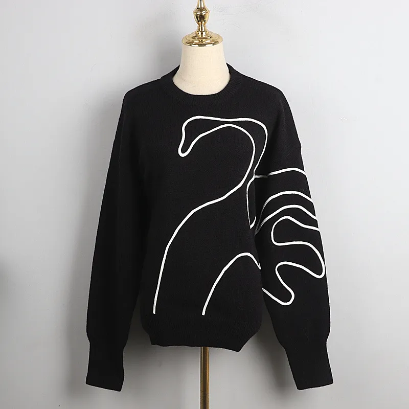59 2022 Summer Kint Pullover de manga comprida Crew pescoço Brand Sweet Sweater de estilo Black Plaid Fomens Clothes DL