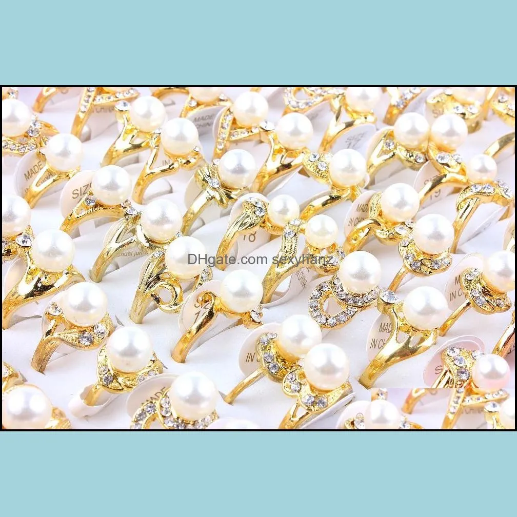 wholesale lots 50pcs rings band charms mens mix style natural pearl beads crystal rhinestone finger women gift
