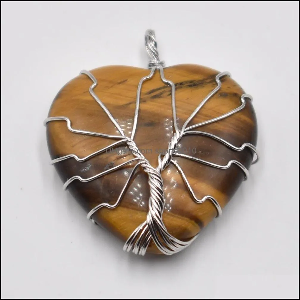 chakra wire wrap handmade tree of life heart shape natural stone charms lapis tiger eye rose quartz pendant for diy jewelry sports2010