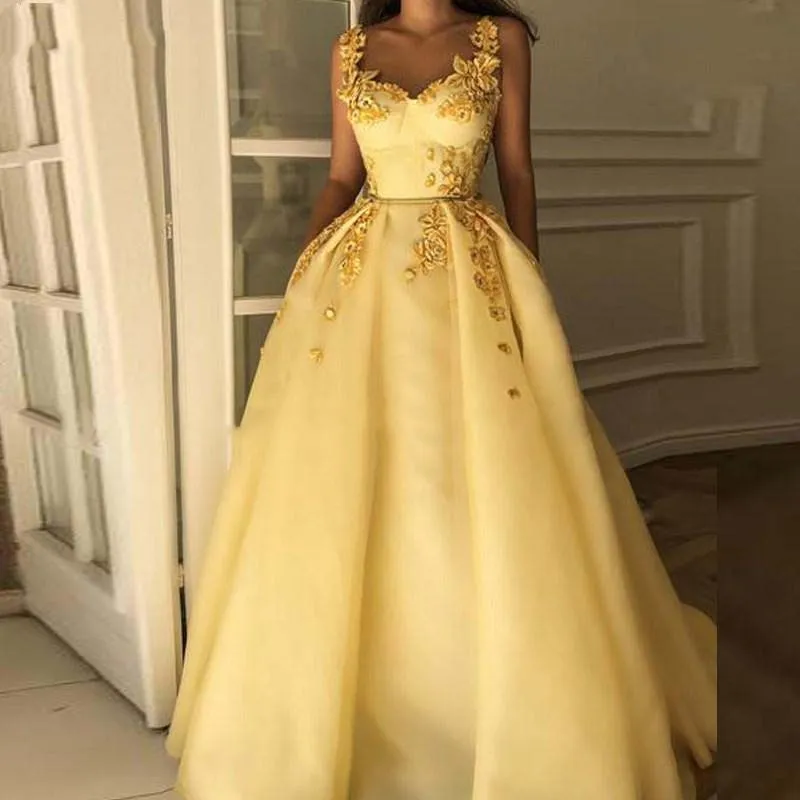 Robes De bal jaunes 2022 chérie fleurs bretelles longues robes De soirée élégantes robes De Diesta sur mesure