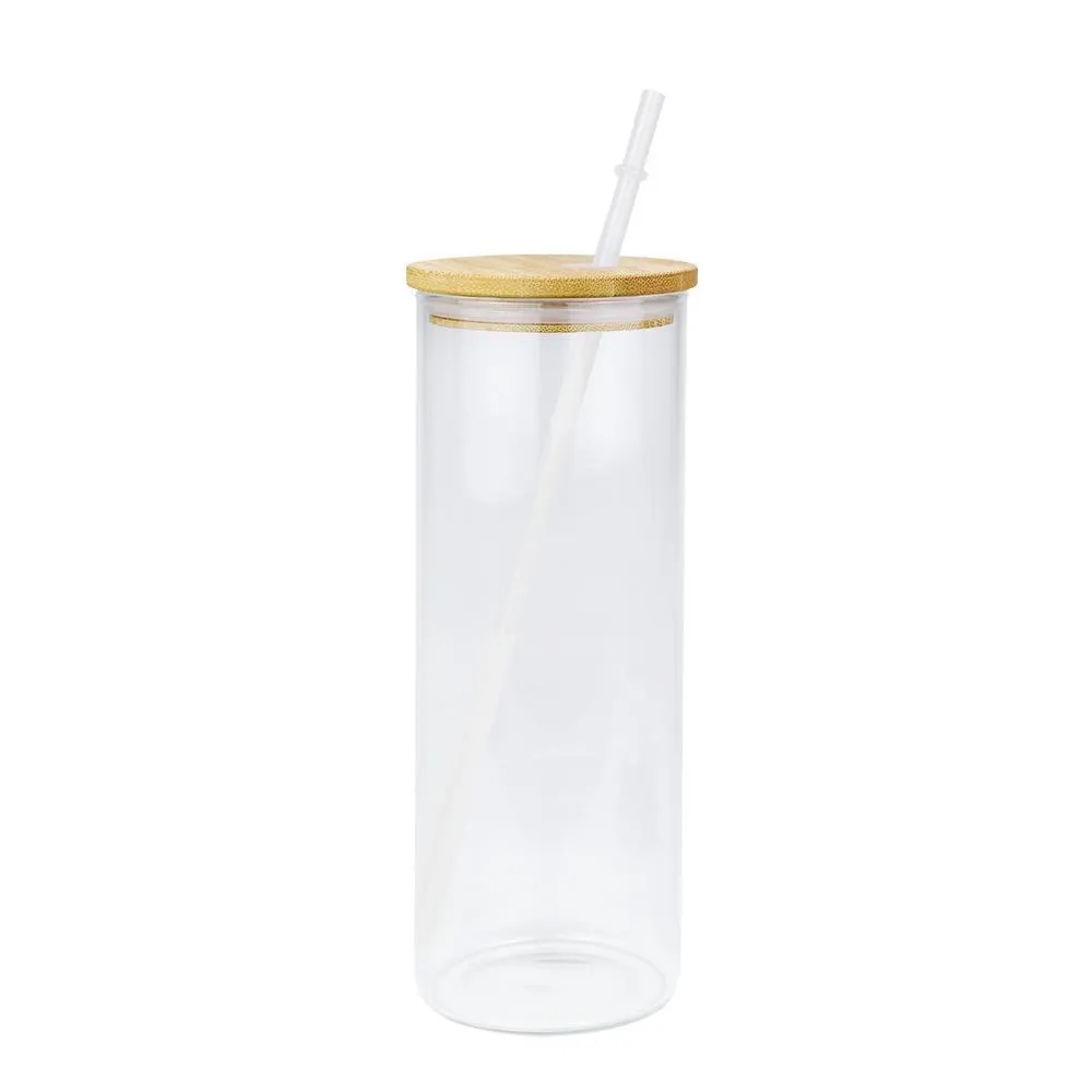 12oz 16oz 25oz mug straight blank sublimation frosted clear Transparent coffee glass cup tumblers with bamboo lid and straw