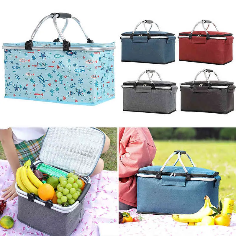 Folding Picnic Pouch Basket Stor kapacitet Multifunktion Kylare Isolerad väska utomhus BBQ Camping Fiske Storage Box Container Y220524