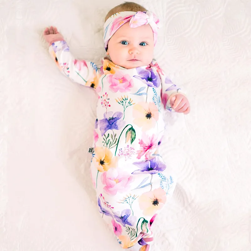 Baby Girl Knotted Gowns Newborn Baby Girl Floral Sleeper Gowns
