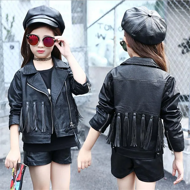 Autumn Baby Girls Fashion Leather Jacket Korean Children Clothes Teenage Girl Black Tassels Zipper Cardigan Coat Kids Outwear