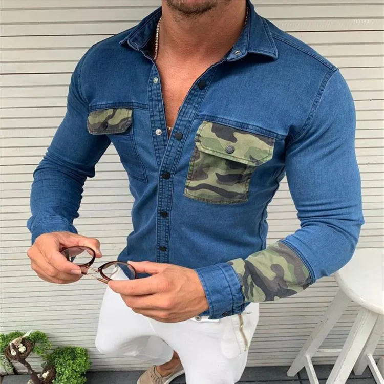 Мужские футболки мужские тонкие подходят джинсовые рубашки мужской повседневный камуфляж лоскутное блузки с длинными рукавами Джин-стрит одежды Camisa Masculina