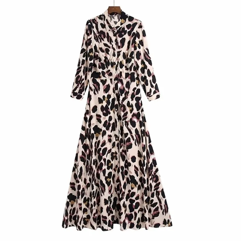 Women Summer Leopard Shirts Dress Long Sleeve Fashion Street Buttons Female Elegant Vintage Mid Calf Dresses Vestidos Clothes 210513