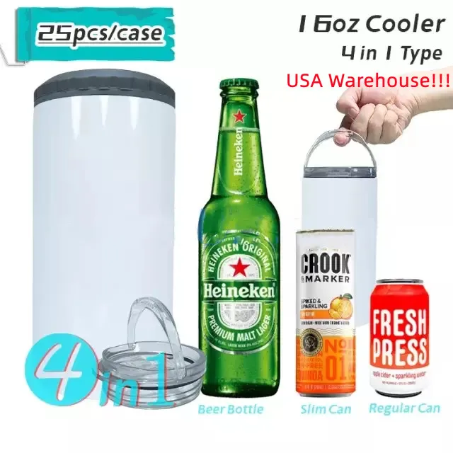 Magazzino DEGLI STATI UNITI!!! 4 in 1 16oz Sublimation Can Cooler Bicchiere dritto Acciaio inossidabile 2 in 1 Lattina isolante Bottiglia isolata sottovuoto Isolamento freddo Lattina con 2 coperchi