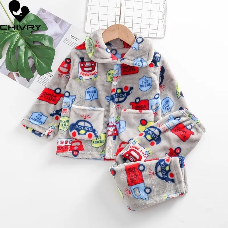 Kids Jongens Meisjes Herfst Winter Warm Flanel Pyjama Sets Leuke Cartoon Revers Tops met Broek Baby Slapen Kleding Sets 220706