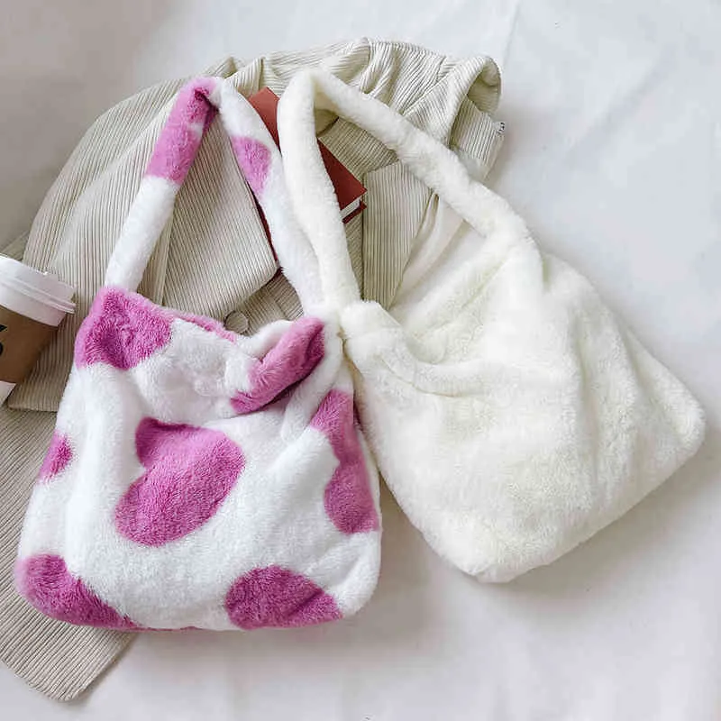 Sacs de soirée moelleux en peluche pour femmes sacs à main femme grande capacité fourre-tout dames sac à bandoulière Simple Animal imprimé pas cher 220630