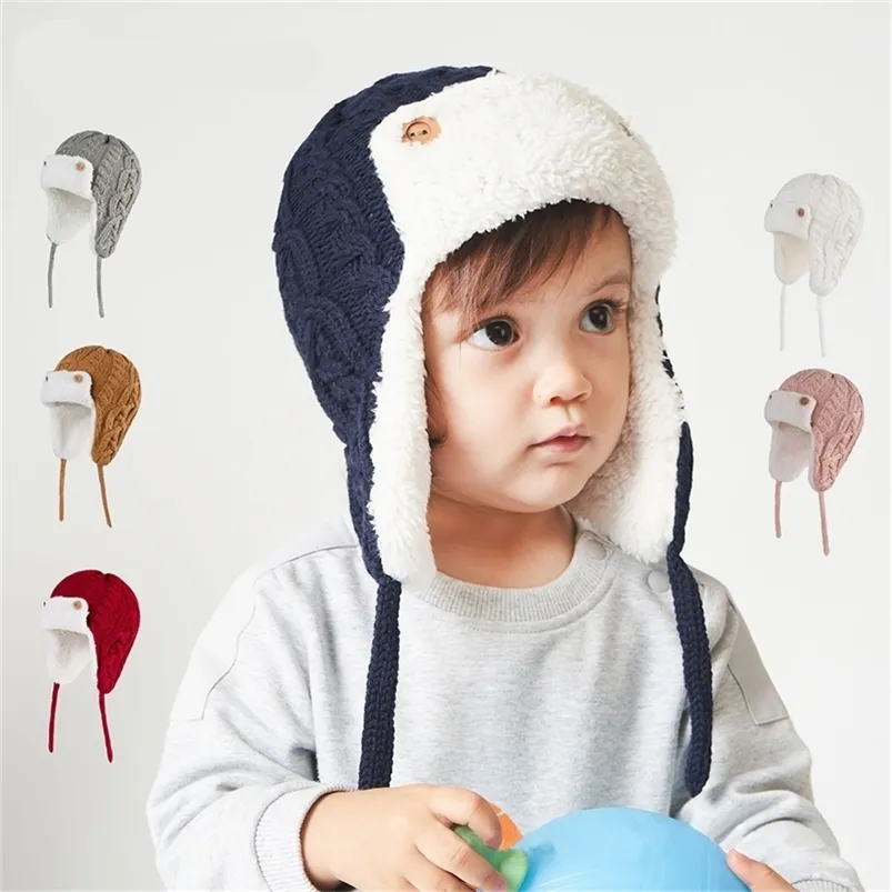 Winter Baby Bomber Hat Cotton Knit Kids Beanie Caps för pojkar och flickor med fleecefoder för barn 220812