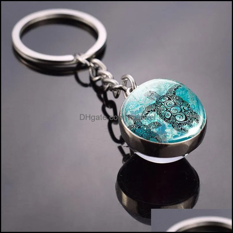 Custom Key Rings Sea Animals Keychain Turtle Starfish Shark Jellyfish  Pattern Double Side Glass Ball Pendant Keyring