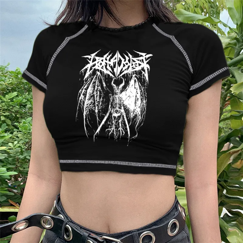 Camiseta de mujer Y2K crop Top Harajuku Retro coreano negro demonio Punk gótico Anime estampado ropa Slim anime A22