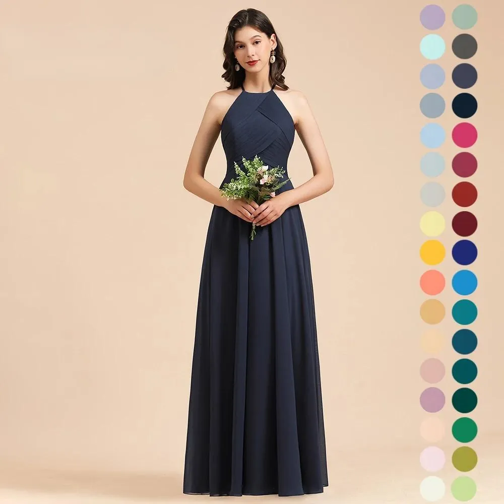 2022 Elegant Navy Blue Bridesmaid klänningar en linje halter nacke veckor ruffles lång hembiträde klänningar kvinnor tillfälle kväll prom kläder plus size bm3005 0702