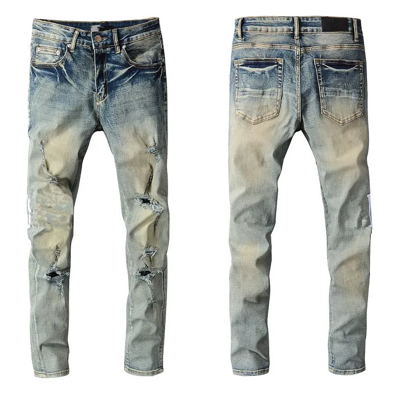 Man Skinny Fits Jeans Denim with Letters Blue Knee Ripped with Holes Slim for Guys Mens Biker Moto Straight Leg Fashion Distress Hip Hop Pants Softener Zipper Summer
