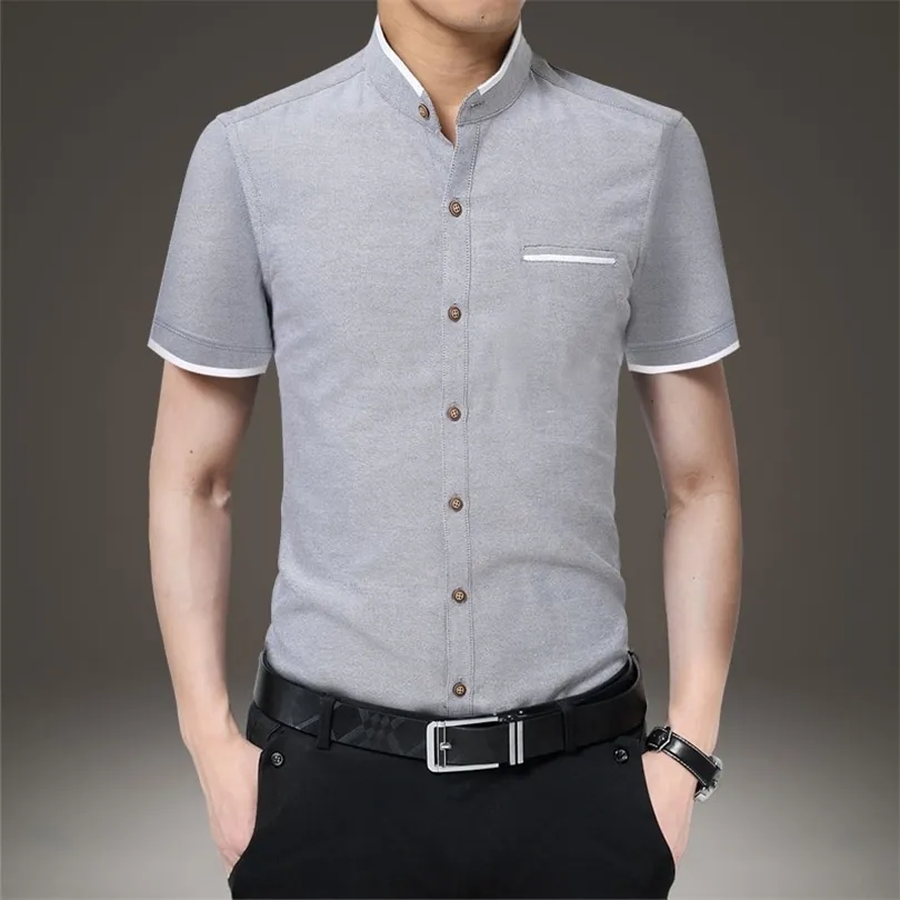 Zomer Nieuwe Koreaanse mode Oxford -shirts Stand Kraag Kraag Slim Fit Shirt Men Casual White Gray Blouses Tops 4xl 5xl 210412
