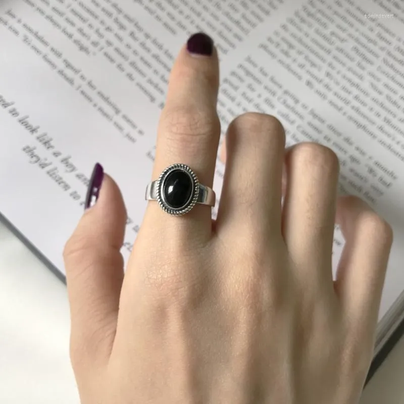 حلقات الكتلة الرجعية S925 Sterling Silver Fine Jewelry Oval Black Agate Stone Ring Women's J260 Edwi22