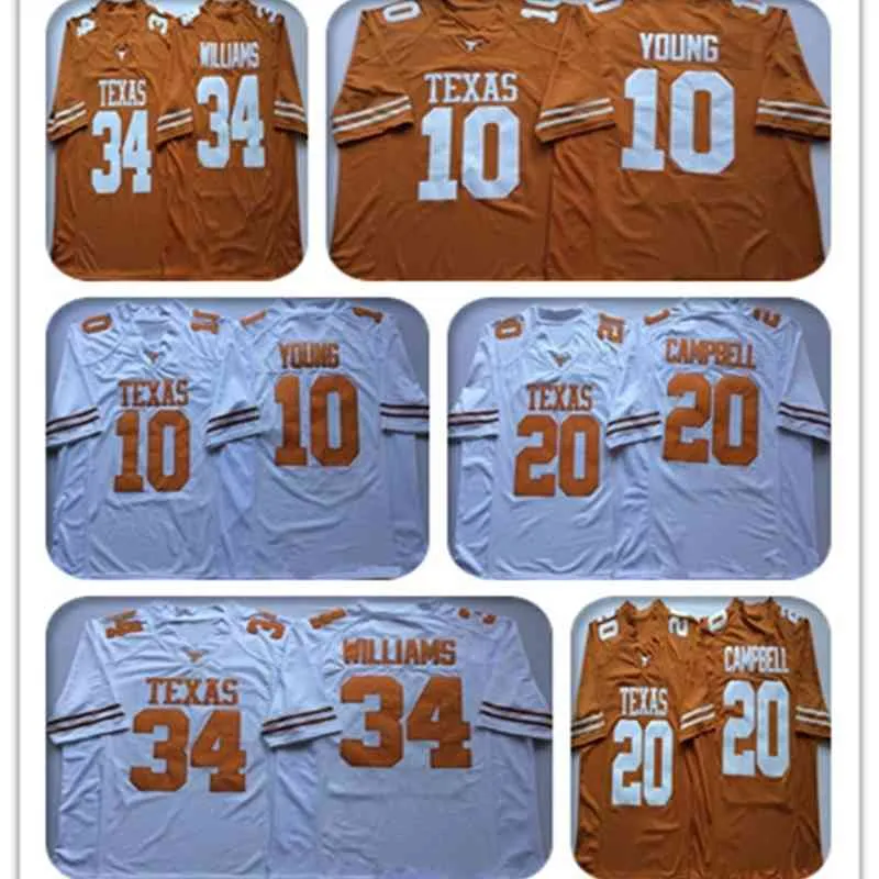 Vintage Texas Longhorns College Jerseys Voetbal 10 Vince Young 34 Ricky Williams 20 Earl Campbell Geel Wit Ed Jersey