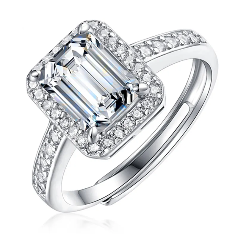 Ilver 925 Original 2 karat vit smaragdskuren diamanttest förbi d färg moissanite engagemang ring lysande ädelsten smycken