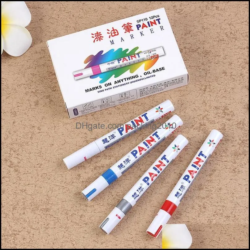 12 Colors Paint Marker Pen Fade-proof Car Tyre Tire Tread CD Metal Permanent Markers Graffti Oily Macador Caneta Stationery Whiteboard