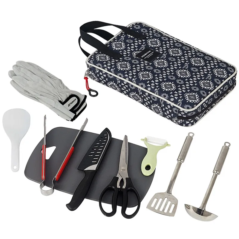 Juego de utensilios de cocina de 9 piezas para campamento, organizador de viaje, accesorios para parrilla, equipo compacto portátil para mochilero, barbacoa, camping, senderismo, viaje, kit de utensilios de cocina