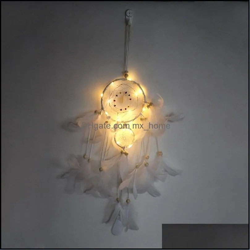 LED Light Dream Catcher Two Rings Feather Dreamcatcher Wind Chime Decorative Wall Hanging Multicolor 12ms J2