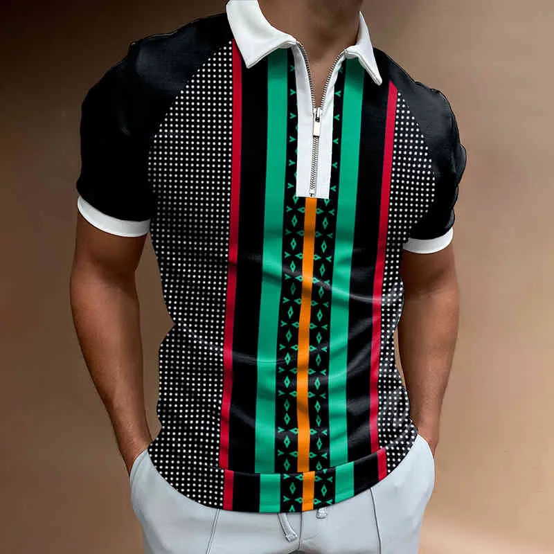 2021 heißer Vintage Patchwork drehen-unten Kragen Polo Shirts Herren Sommer Casual Kurzarm Zip-up Pullover Mode Polo-shirt Männer