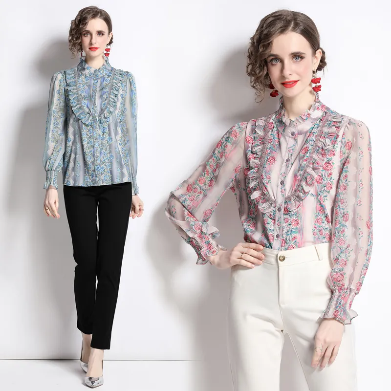 Camisa feminina manga comprida plissado blusa de plantas 2022 primavera outono floral camisa boutique retro palácio senhora tops