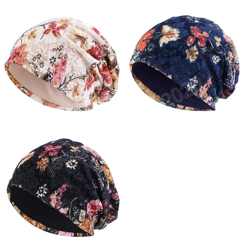 Kvinnor hattar vår sommar tunna motorhuv för kvinnor designer spets blomma huvudduk hatt håravfall huvud wrap senaste turban beanies