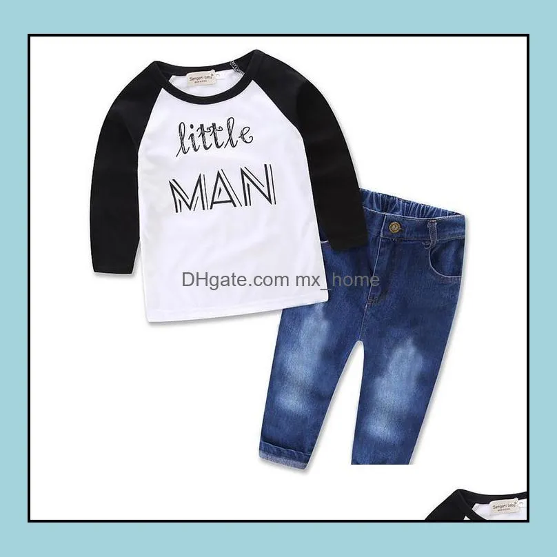 spring autumn ins baby 2pcs clothing suit little man printed long sleeve tops tshirt   jeans pants kids set children outfits clothes
