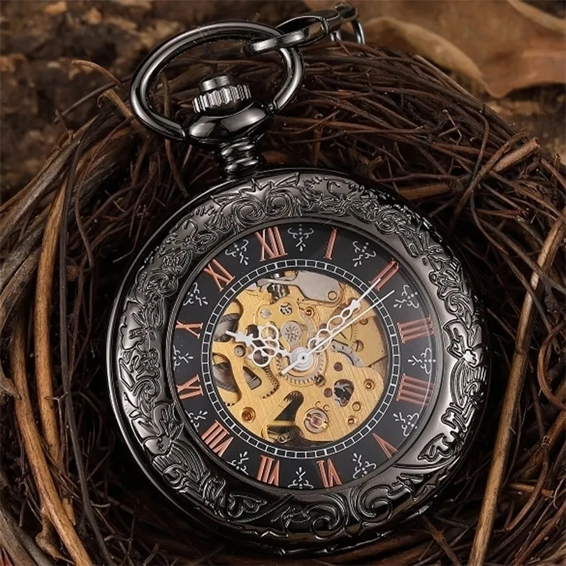 Ręczny wiatr mechaniczny zegarek kieszonkowy dla mężczyzn z rzymskimi liczbami szkieletu steampunk łańcuch szkieletu zegarki wisior renogio de bolso t200502