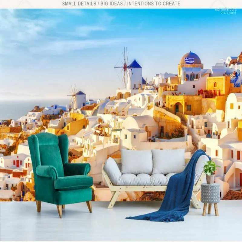 3D Tapeta salon Improvement Nowoczesne malowanie ściany tła Mural Silk Paper Greek Santorini Love Sea1