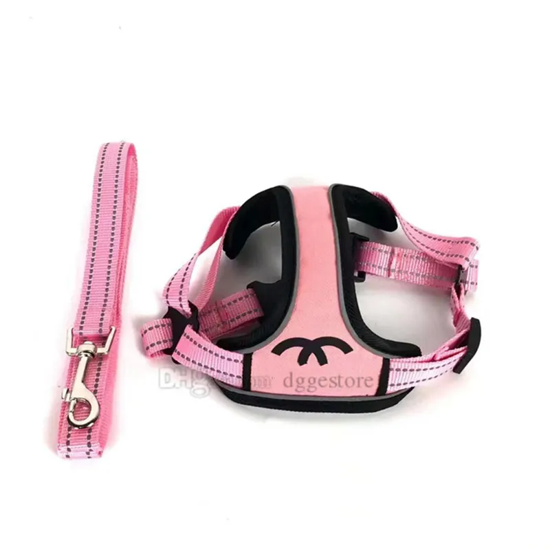 Designer Dog Harness and Leashes Set Printed Letter Pattern Dog Harnesses Soft Reflective Adjustable Vest for Small Medium Dogs Chihuahua Yorkie Poodle Pink B129