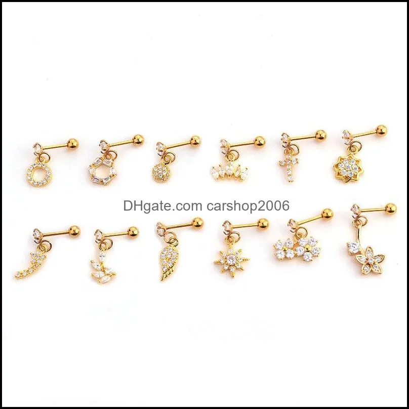 18pcs dangle piercing cartilage earrings with cz flower star crown heart cross wing dainty conch tragus helix stud earring jewelry