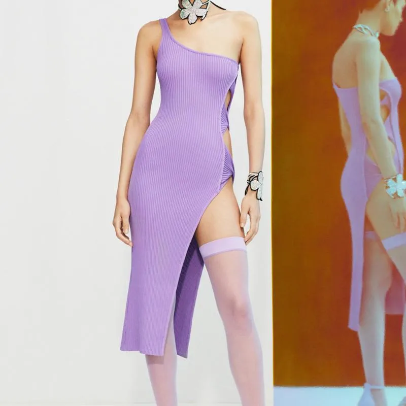 Robes décontractées Été Moulante Bandage Robe 2022 Femmes Sexy Une Épaule Évider Violet Mini Élégant Soirée Club RobesCasual