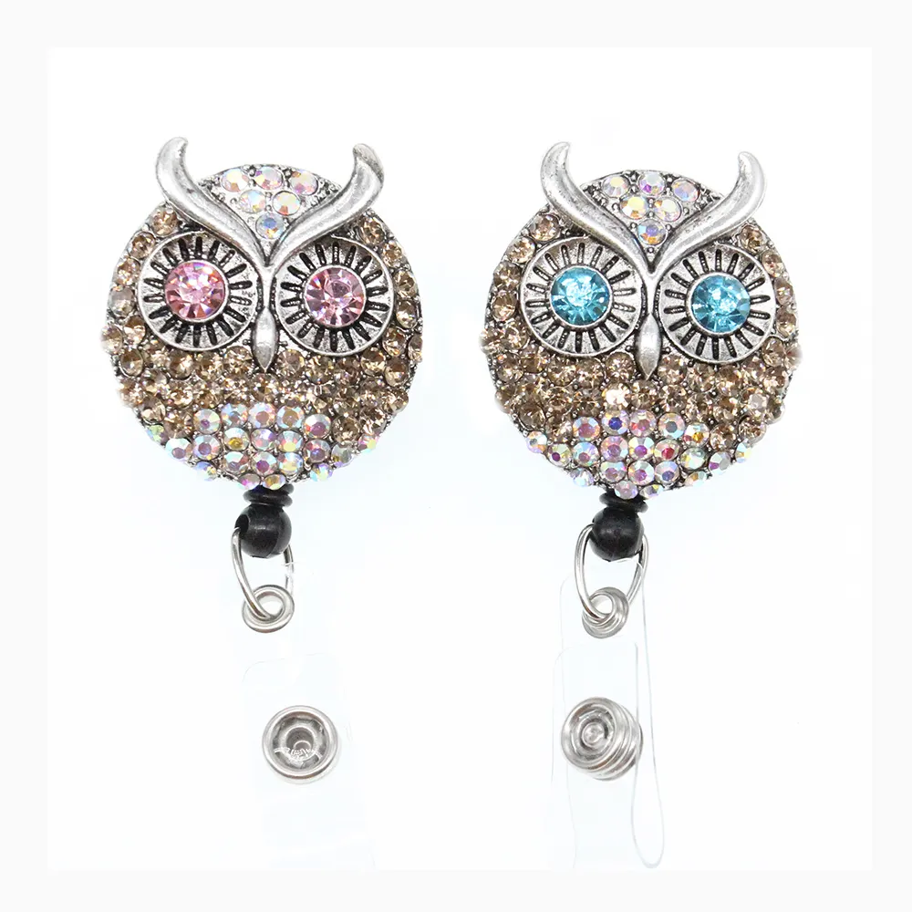 10pcs Özel Takı Anahtar Yüzükler Kristal Rhinestone Hayvan Kuş Baykuş Kartal Şekli Geri Çekilebilir Hemşire Kimlik Ad Rozeti Makara Tutucu Tıbbi Hemşire Hediyesi