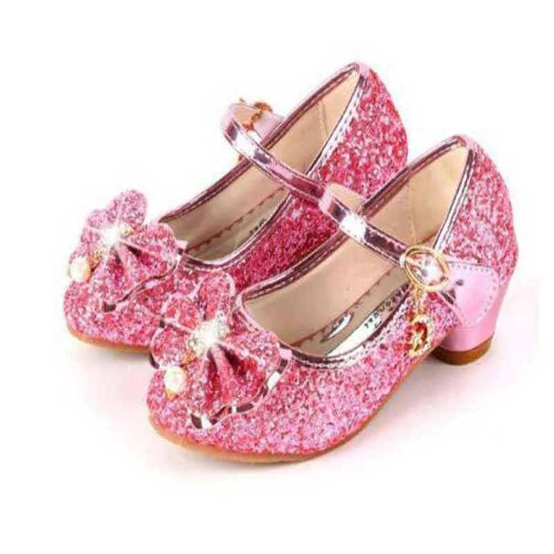 Princess Kids Leather Shoes For Girls Flower Casual Glitter Children High Heel Girls Shoes Butterfly Knot Blue Pink Silver G220418