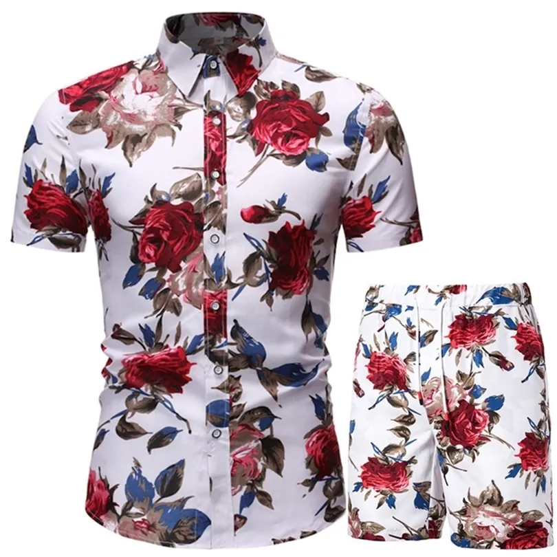 Summer Men Set Hawaiian Flower Printing Mens Short Sleeve Casual Tracksuit Shirt Beach Shorts Set Male Sports Suit Clothing 220621