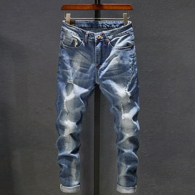 Jean déchiré homme bleu foncé Stretch coupe ajustée en détresse Streetwear Denim pantalon décontracté rétro motard Jean homme pantalon Hiphop