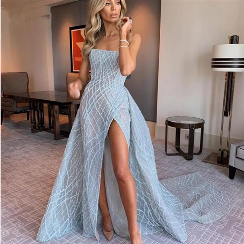 2021 New Sexy Luxury Baby Blue Mermaid Prom Dresses With Detachable Train High Side Split Sequined Lace Long Prom Gowns Formal Dre215C