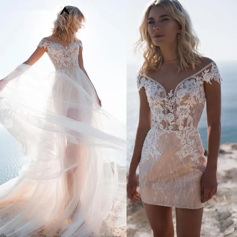 Outros vestidos de noiva praia 2 peças saia curta com trem destacável Beading Appliques Renda vestido de noiva personalizar a manga do tampão